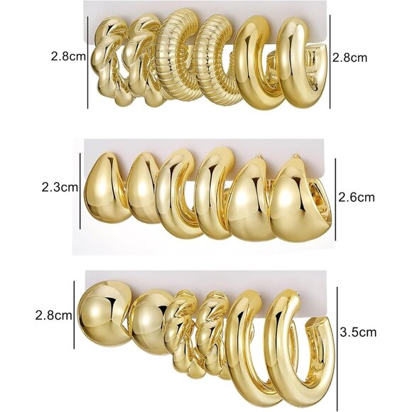 Women's Hypoallergenic Chunky Chain Twisted 24 Pairs Gold Hoop Earrings Set - Picture 7 of 9